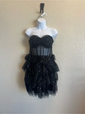 Strapless Black Sequin Ruffle Cocktail Dress